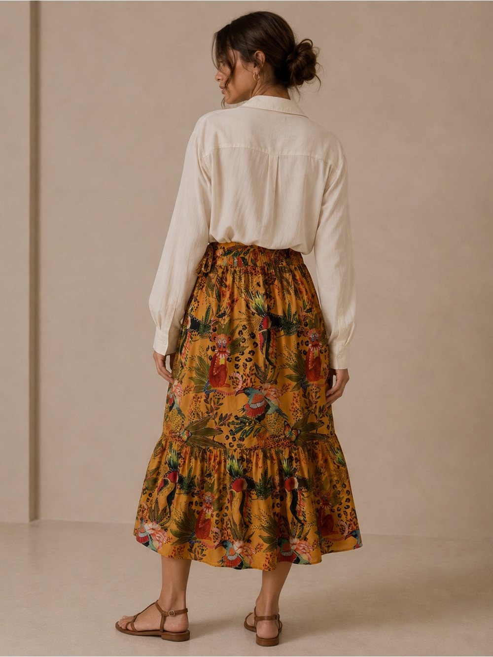 Rachel Zoe Tropical Animal Print Tiered Midi Skirt Mustard Yellow Size Small - Picture 2 of 6